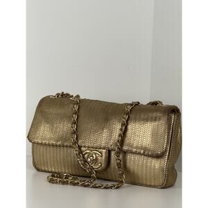 CHANEL Metallic Gold Lambskin Fish Skin Pattern Laser Cut Small Shoulder Bag